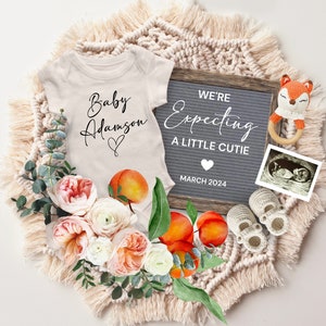Summer Pregnancy Announcement Digital, Editable Boho We&#39;re Expecting Peach Baby Reveal, Cutie Pregnancy Flat Lay, Baby Girl Announcement