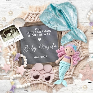 Mermaid Girl Pregnancy Announcement, Editable Mermaid Baby Girl Baby Reveal, It&#39;s a Girl Social Media Announcement, Our Little Mermaid