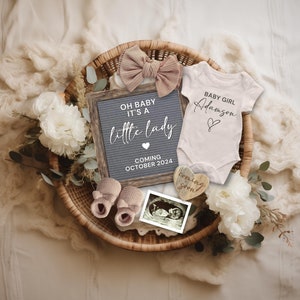 Mädchen Schwangerschaftansage für Social Media, Boho Baby Girl Ankündigung, kleine Lady Baby Reveal, Es ist ein Mädchen, Boho Beige