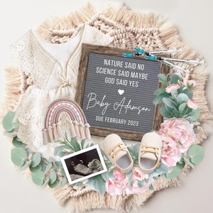 Christian IVF Pregnancy Announcement Digital, Baby Girl Reveal, Religious Baby Reveal, Nature Said No God Said Yes, Pregnancy Flat Lay