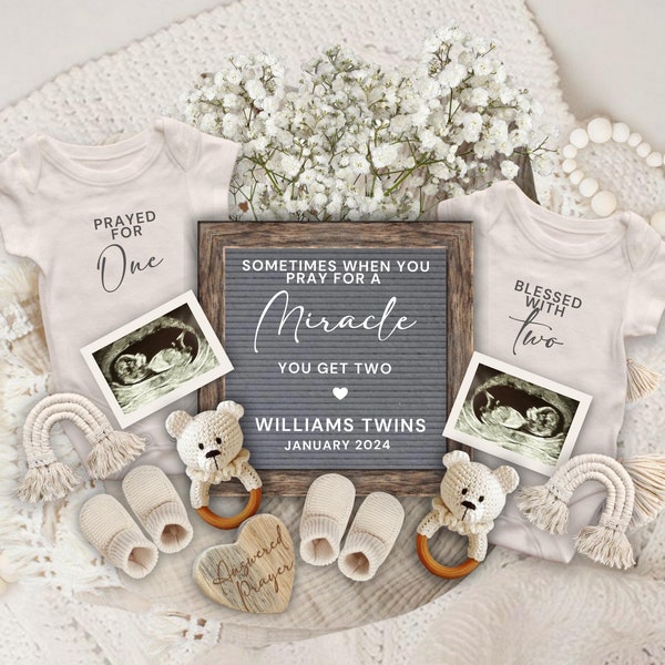 Twin Pregnancy Announcement Digital, Gender Neutral Twin Reveal Template, Twin Announcement, Prayed for One Blessed with Two Flat Lay