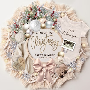 Christmas Pregnancy Announcement Digital, Editable  Holiday Baby Announcement, Rustic Xmas Baby Pregnancy, Tiny Gift for Christmas Flat Lay