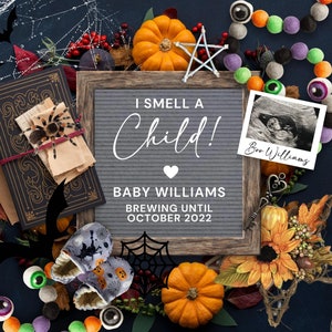 Anuncio de embarazo de Halloween para las redes sociales, Anuncio de bebé bruja digital, Brebaje de bruja espeluznante, Huelo a niño, Tablero de cartas
