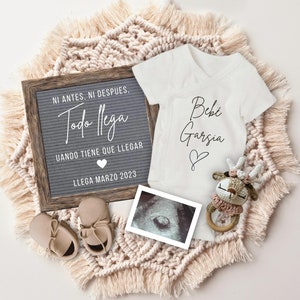 Boho Pregnancy Announcement SPANISH, Baby Reveal Social Media, Anuncio de Embarazo, Ni antes ni despues Todo llega cuando tiene que llegar