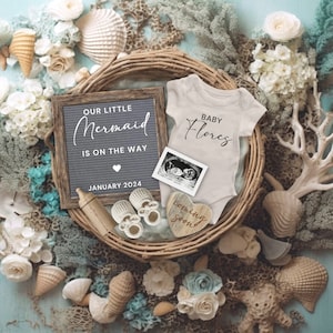 Mermaid Girl Pregnancy Announcement, Editable Mermaid Baby Girl Baby Reveal, It&#39;s a Girl Social Media Announcement, Our Little Mermaid