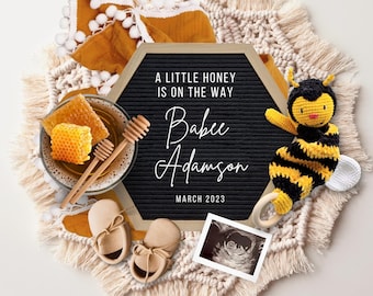 Bee Pregnancy Announcement Digital, Honey Bee Themed Baby Reveal, A Little Honey Bee Pregnancy Reveal Template, Pregnancy Flat Lay