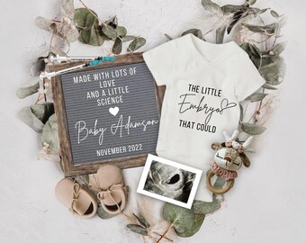 IVF Pregnancy Announcement Digital, Editable Baby Pregnancy Reveal, Love & Science Baby Reveal, Little Embryo That Could, Flat Lay