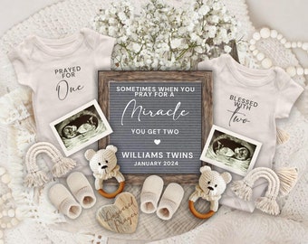 Twin Pregnancy Announcement Digital, Gender Neutral Twin Reveal Template, Twin Announcement, Prayed for One Blessed with Two Flat Lay
