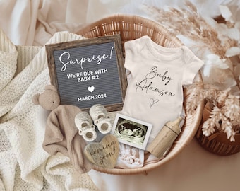 Boho Second Baby Pregnancy Announcement Digital, We're due with Baby #2 Announcement, Pregnancy Reveal, Pregnancy Flat Lay, Gender Neutral