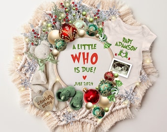 Christmas Pregnancy Announcement Digital, A little Who is Due Baby Reveal, Funny Surprise Baby Announcement, Christmas Green Theme