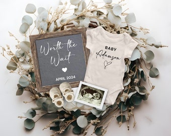 Worth the Wait Baby Pregnancy Announcement Digital, Editable Gender Neutral Baby Announcement, Pregnancy Reveal, Pregnancy Flat Lay