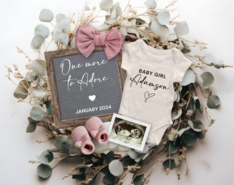 One more to Adore Baby Girl Pregnancy Announcement Digital, Editable Baby Girl Announcement, It's a Girl, Second Baby Reveal