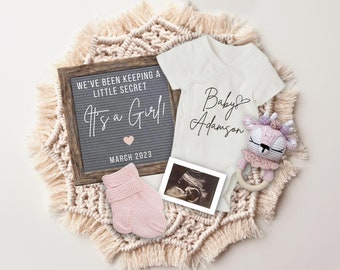 Digital Pregnancy Announcement, It's a Girl Gender Reveal for Social Media, Boho Baby Girl Reveal, We've Been Keeping a Secret, Flat Lay