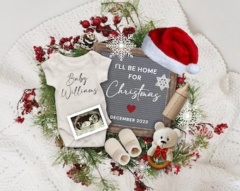 I&#39;ll Be Home for Christmas Pregnancy Announcement, Santa Social Media Baby Reveal, December 2024 Due Date, Pregnancy Flat Lay
