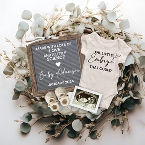 Anuncio digital de embarazo por FIV, revelación de embarazo editable, revelación de bebé de Love & Science, Little Embryo That Could, Flat Lay