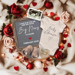 Valentine&#39;s Day Pregnancy Announcement Digital, Baby Announcement, Love is in the Air Baby Reveal, Pregnancy Reveal Editable Template