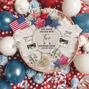 4th of July Twins Pregnancy Announcement, Editable Memorial Day Baby Announcement, Social Media Twins Baby Reveal Template, Red White & Due