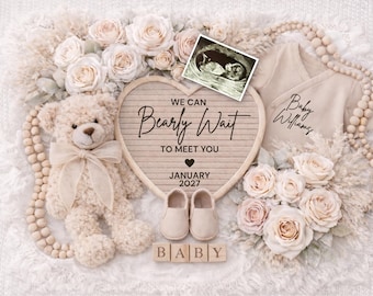 May include: A cream-colored teddy bear with a bow, a heart-shaped sign that reads "We Can Bearly Wait to Meet You January 2027", baby shoes, and a baby onesie. The image includes an ultrasound photo and floral arrangements.