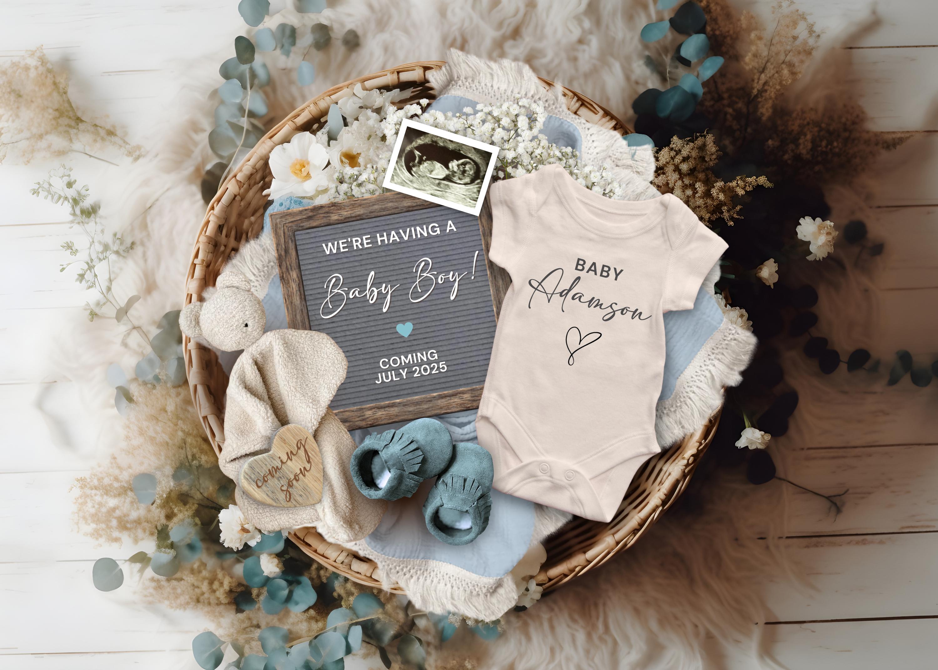 Boy Pregnancy Announcement Digital, It's a Boy Gender Reveal Baby Announcement, Boho Baby Boy Reveal for Social Media, Pregnancy Flat Lay