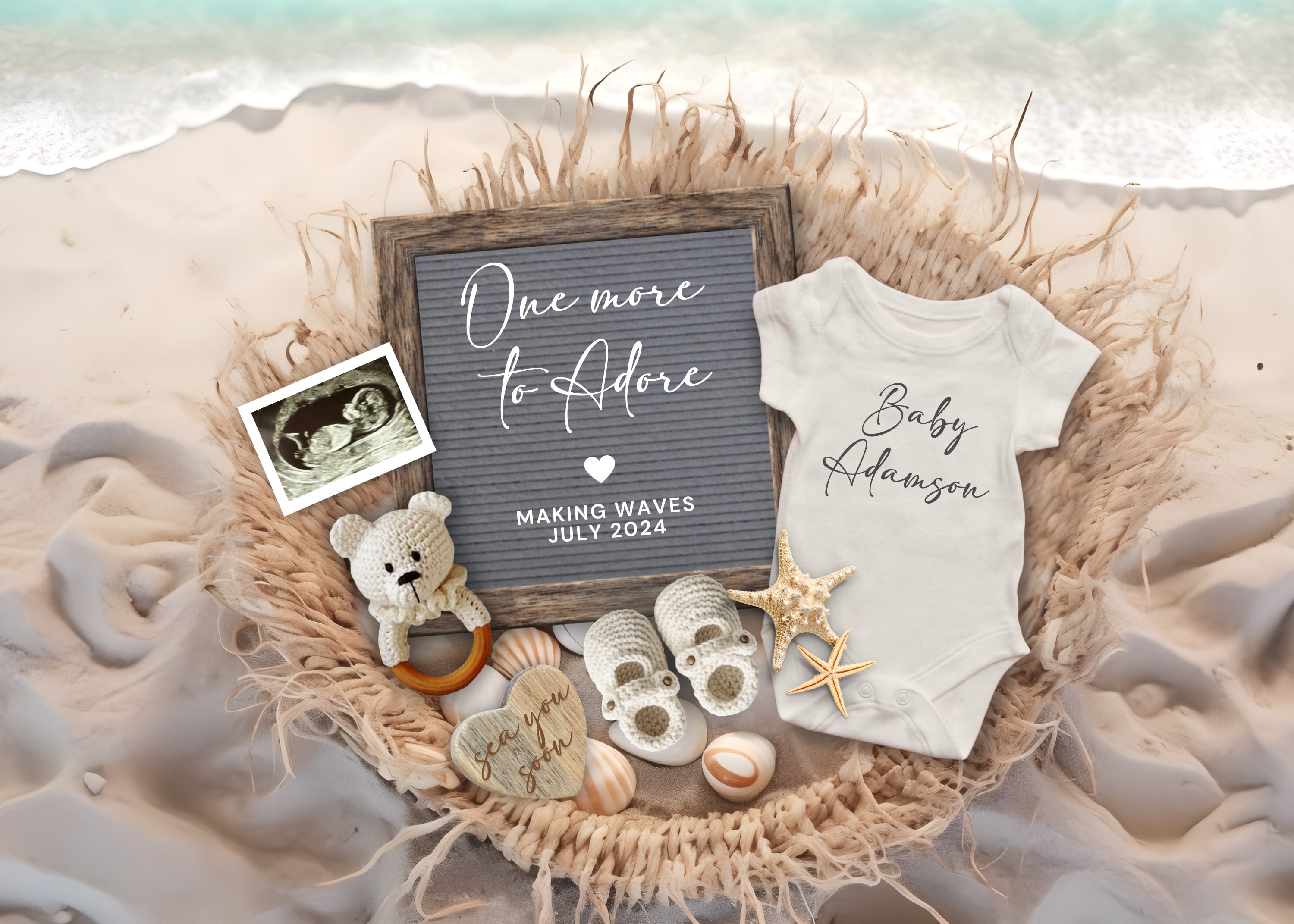 Beach Pregnancy Announcement, Digital Summer Baby Reveal, One more to Adore Baby Announcement, Seashell Baby Reveal, Second Baby Reveal