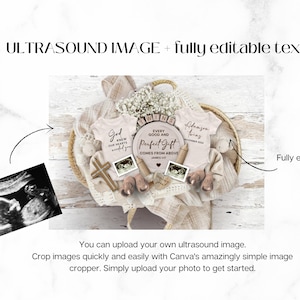 May include: A white wicker basket filled with baby items, including two onesies, a wooden sign with the text "Every good and perfect gift comes from above", and two ultrasound images. The onesies are decorated with the text "God knows our hearts needed you" and "Alamson twins".
