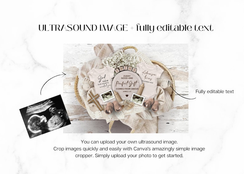 May include: A white wicker basket filled with baby items, including two onesies, a wooden sign with the text "Every good and perfect gift comes from above", and two ultrasound images. The onesies are decorated with the text "God knows our hearts needed you" and "Alamson twins".