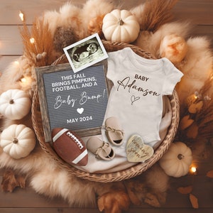 Thanksgiving Fall Football Pregnancy Announcement Digital, Autumn Baby Announcement Social Media, Pumpkins Football Baby Bump Reveal