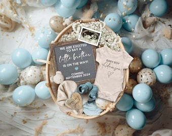 Pregnancy Announcement Digital Template, It&#39;s a Boy Gender Reveal for Social Media, Little Brother is on the way, Baby Boy Reveal