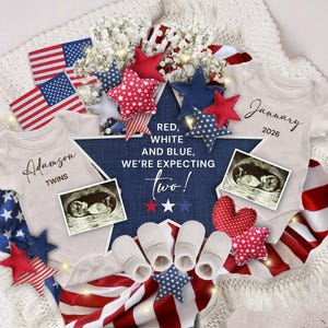 4th of July Twins Pregnancy Announcement, Memorial Day Baby Announcement Template, Twins Baby Reveal, Red White & Due