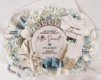 Boy Pregnancy Announcement Digital, It&#39;s a Boy Gender Reveal Baby Announcement, Boho Baby Boy Reveal for Social Media, Pregnancy Flat Lay
