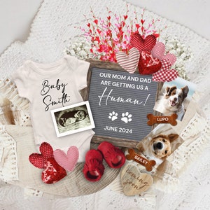 Faire-part de grossesse numérique, thème CHIEN, faire-part de petite fille pour la Saint-Valentin, date d'échéance révélée, maman et papa nous donnent un humain