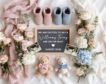 May include: A pregnancy announcement featuring pink and blue baby booties, teddy bears with bows, sonogram images, and a letterboard that reads "WE ARE EXCITED TO SAY A Williams Twins ARE ON THE WAY! AUGUST 2026". The scene is decorated with flowers.