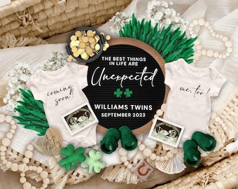St Patricks Day Twins Pregnancy Announcement Digital, St Paddys Twins Reveal, Gender Neutral Pregnancy Template, Best Things are Unexpected