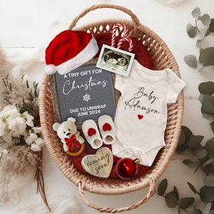Christmas Pregnancy Announcement Digital, Editable  Holiday Baby Announcement, Rustic Xmas Baby Pregnancy, Tiny Gift for Christmas Flat Lay