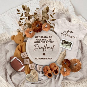 Thanksgiving Fall Football Pregnancy Announcement Digital, Autumn Baby Announcement Social Media, Pumpkins Football Little Draft Pick