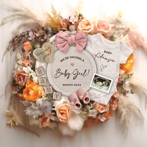 Girl Pregnancy Announcement Digital, It&#39;s a Girl Gender Reveal Baby Announcement, Boho Fall Floral Baby Girl Reveal for Social Media