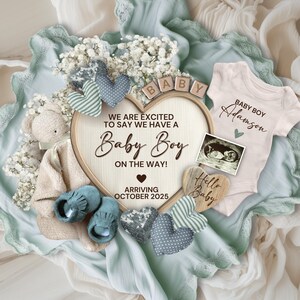 Anuncio digital de embarazo de niño, anuncio de revelación de género del bebé, anuncio de bebé niño estilo boho para redes sociales, plantilla editable