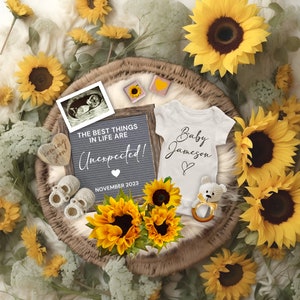 Sonnenblume Schwangerschaftsankündigung Digital, bearbeitbares florales Unerwartetes Baby offenbaren, digitale Schwangerschaft Social Media Vorlage, geschlechtsneutral
