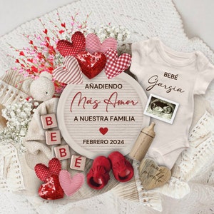 Anuncio de embarazo en español para el día de San Valentín, revelación de bebé editable en redes sociales, Anuncio de embarazo, plano plano de embarazo