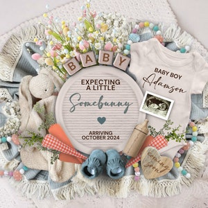 Anuncio de embarazo de Pascua digital, niño de Pascua revela digital, anuncio de embarazo de Little Somebunny, revelación de bebé, es un niño