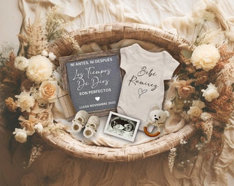 Boho Pregnancy Announcement SPANISH, Baby Reveal Template, Anuncio de Embarazo, Ni antes ni después los tiempos de Dios son perfectos