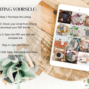 May include: A white tablet displaying a collage of 12 images of wreaths with different themes. The text on the tablet reads "EDITING YOURSELF: Step 1: Purchase the Listing Step 2: Check your email from Etsy to download your PDF link file Step 3: Open the PDF and click the template link Step 4: Load into Canva Step 3: Edit, Save, Download, and Share your designs".