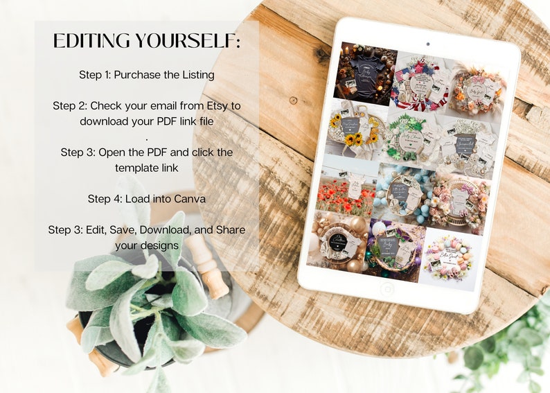 May include: A white tablet displaying a collage of 12 images of wreaths with different themes. The text on the tablet reads "EDITING YOURSELF: Step 1: Purchase the Listing Step 2: Check your email from Etsy to download your PDF link file Step 3: Open the PDF and click the template link Step 4: Load into Canva Step 3: Edit, Save, Download, and Share your designs".