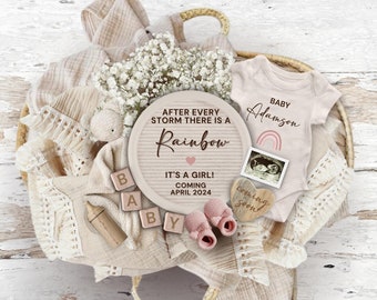 Rainbow Baby Girl Pregnancy Announcement Digital, Boho Rainbow Baby Girl Announcement, Social Media, After Every Storm is a Rainbow