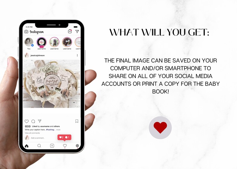 May include: A digital mockup of an Instagram post featuring a baby announcement with two onesies, a wooden sign, and a cross. The text on the onesies reads "God gave us a gift" and "Our little miracle." The text on the wooden sign reads "Every good and perfect gift comes from above." The post has 2 likes and 1 comment.