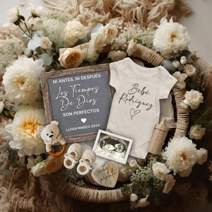 Boho Embarazo Anuncio ESPAÑOL, Baby Reveal Template, Anuncio de Embarazo, Ni antes ni después los tiempos de Dios son perfectos