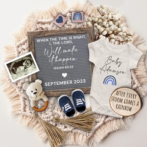 Isaiah 60:22 Christian Pregnancy Announcement, Religious Baby Boy Announcement Template, God Answers Prayers, Boho Pregnancy Flat Lay