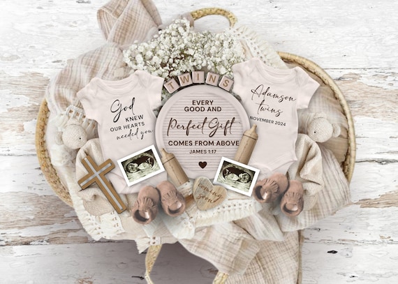 James 1:17 Twins Pregnancy Announcement, Religious Pregnancy Announcement Template, Christian Twins Reveal, God Knew Our Hearts Needed You