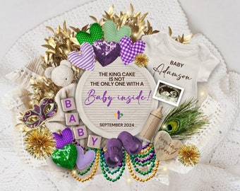 We're Expecting Mardi Gras Pregnancy Announcement, Mardi Gras Pregnancy Reveal Template, King Cake Isn't the Only One with Baby Inside