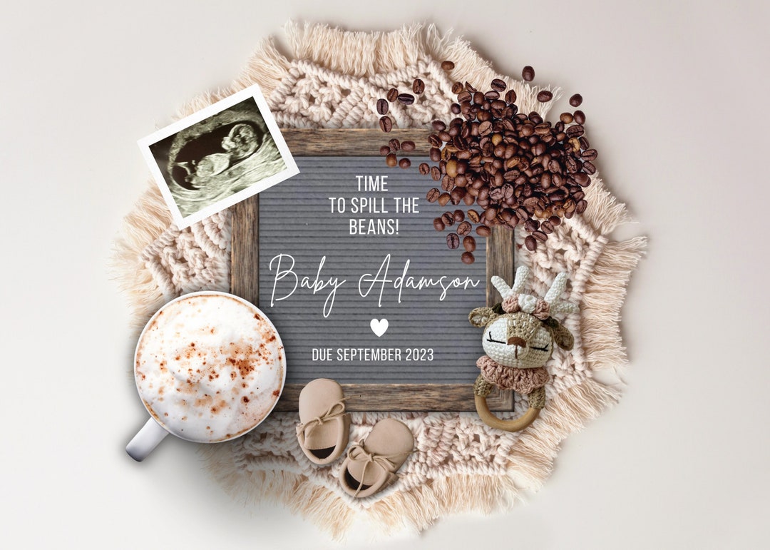 Boho Spill the Beans Digital Pregnancy Announcement, Coffee Beans Baby Announcement, Rainbow